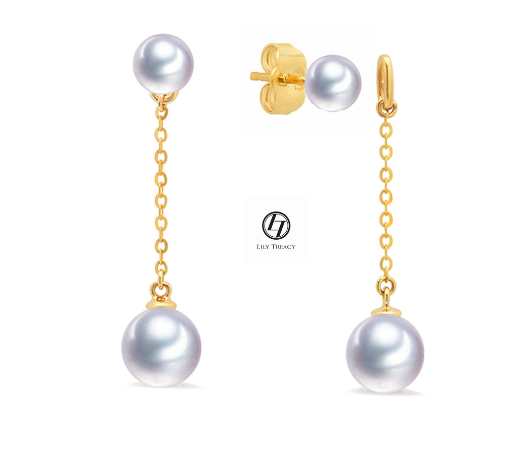 Japanese Akoya Pearl 14K & 18K Solid Gold stud dangle Earrings Pendant set Bridal June birthstone by Lily Treacy