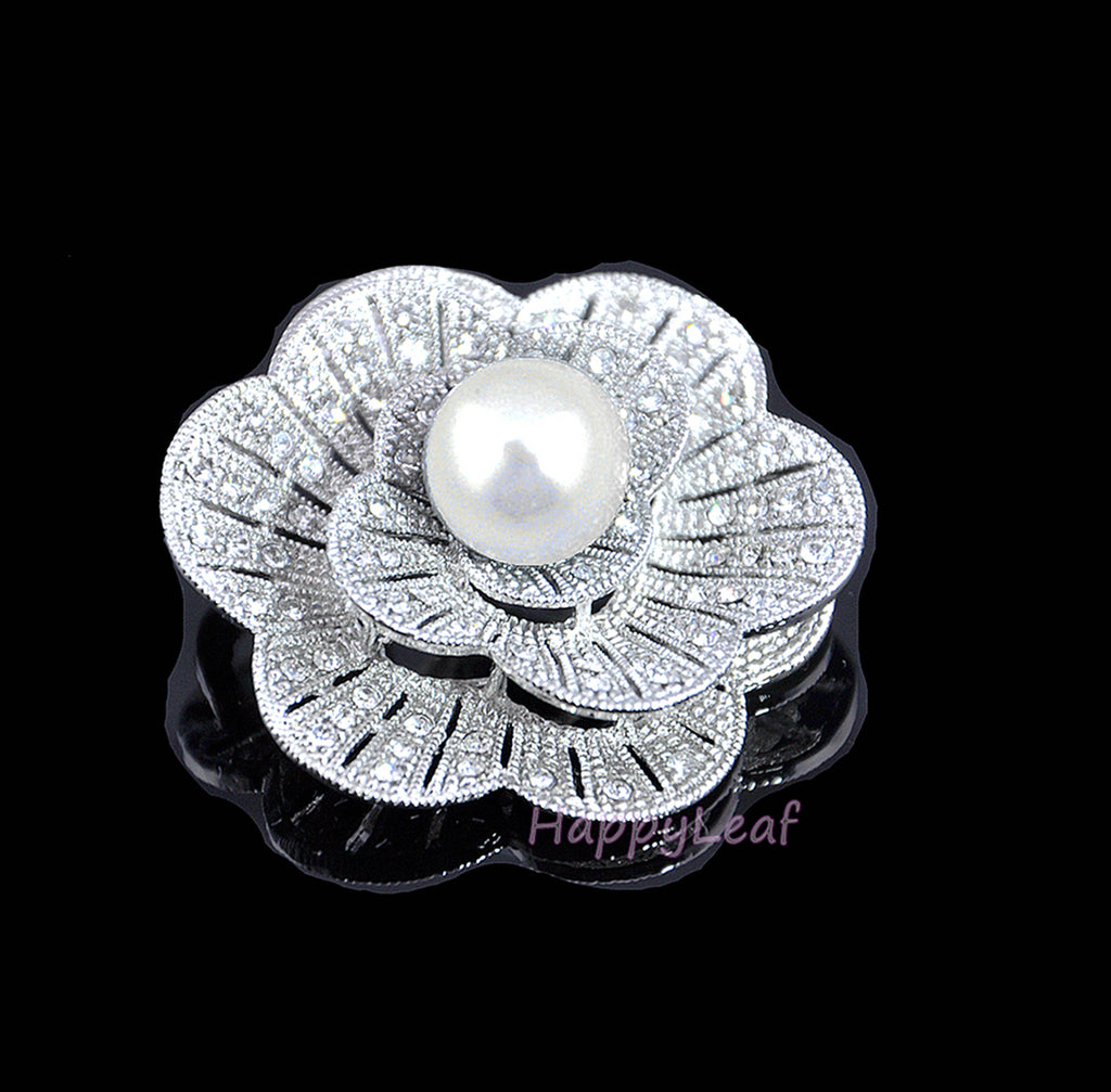 Pearl Brooch Pin with Russian CZ flower White or black for Bridal Wedding Gift