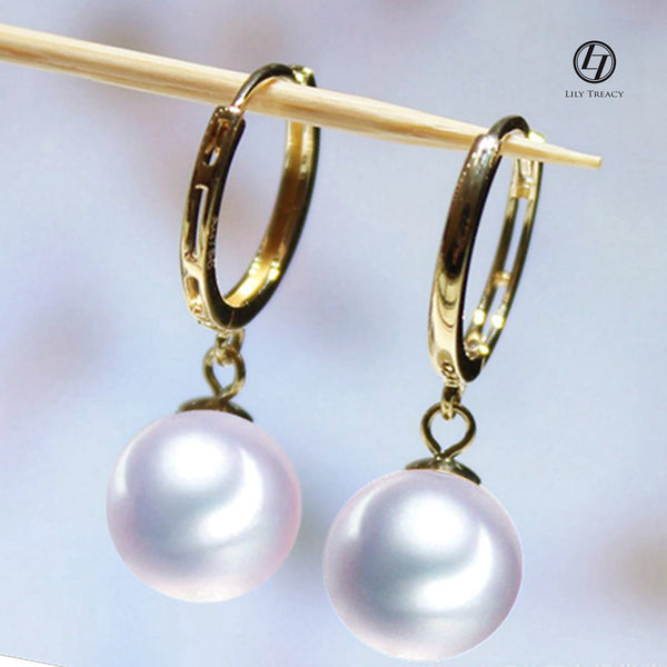 Japanese Akoya Pearl hoop white Earrings drop dangle 18K Solid Gold bridal 7.5-8;8-8.5; 8.5-9; 9-9.5; 9.5-10mm