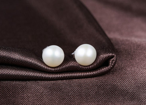 7-8mm White Freshwater Pearl Stud Earrings 925 Sterling Silver post & back bridal Gift
