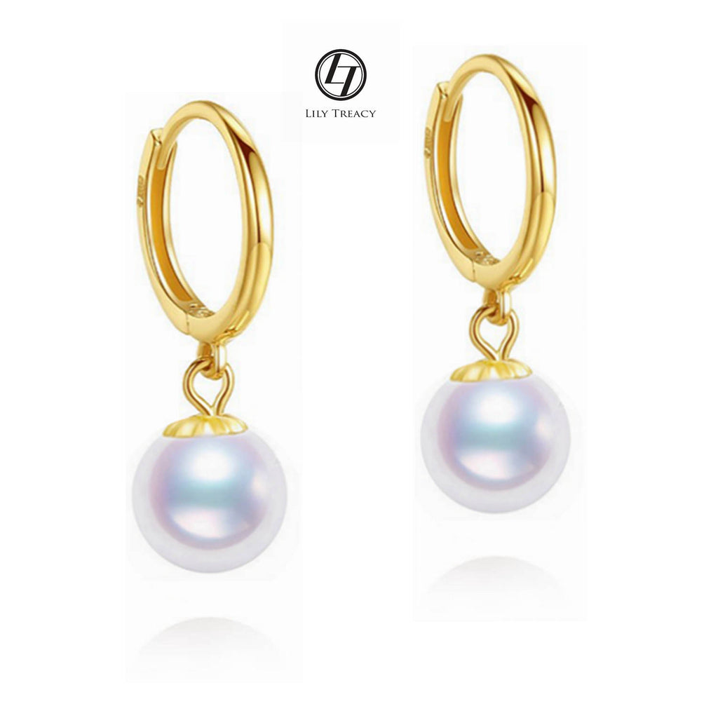 Japanese Akoya Pearl hoop white Earrings drop dangle 18K Solid Gold bridal 7.5-8;8-8.5; 8.5-9; 9-9.5; 9.5-10mm