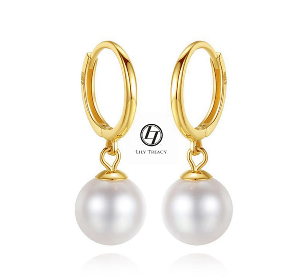 Japanese Akoya Pearl hoop white Earrings drop dangle 18K Solid Gold bridal 7.5-8;8-8.5; 8.5-9; 9-9.5; 9.5-10mm