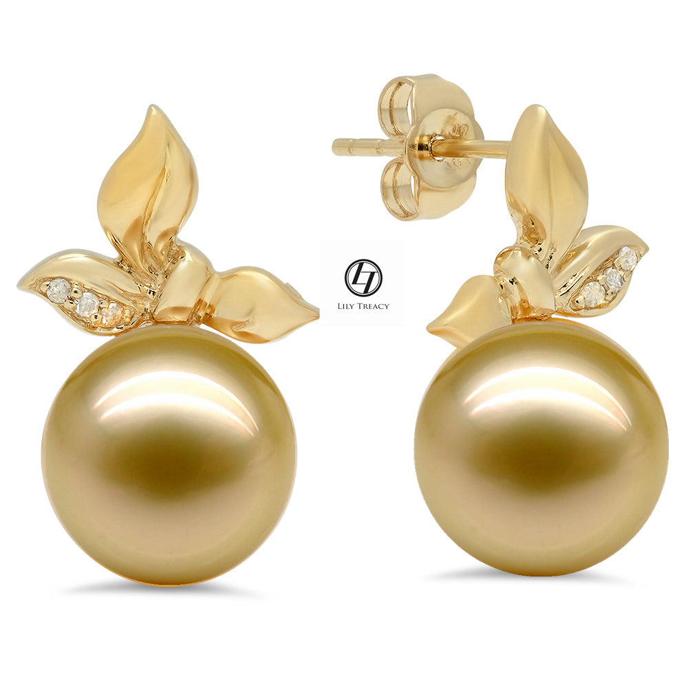 Lily Treacy 10-11mm Golden South Sea Pearl Solid Yellow Gold and Diamond Elaine Earrings