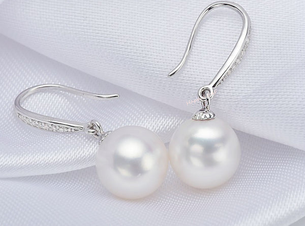 8-9mm Freshwater pearl drop dangle hoop Earrings Sterling Silver CZ bridal white by Lily Treacy