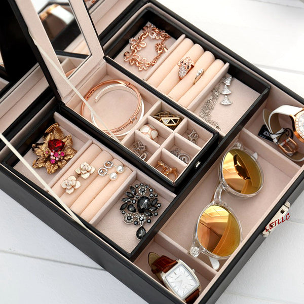 Lily Treacy Wooden Jewelry Make up Organizer Case Box 2-tray with Extra Travel case