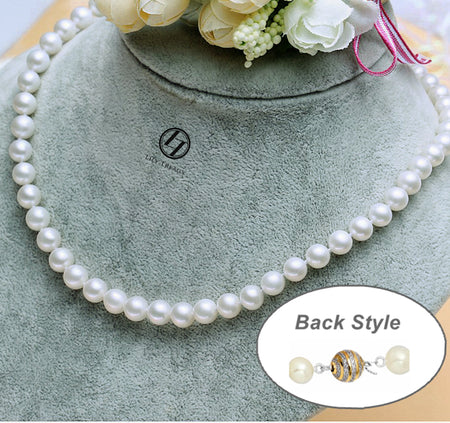 7-8mm white Freshwater Pearl 3 Row Necklace with Mother of Pearl Flower Clasp
