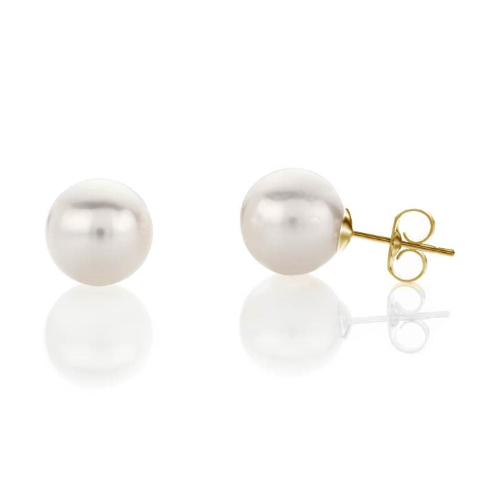 8-9mm Freshwater Pearl 18K Solid Gold Stud Earrings White Perfect Round