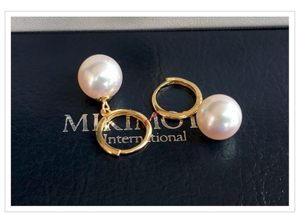 Japanese Akoya Pearl hoop white Earrings drop dangle 18K Solid Gold bridal 7.5-8;8-8.5; 8.5-9; 9-9.5; 9.5-10mm