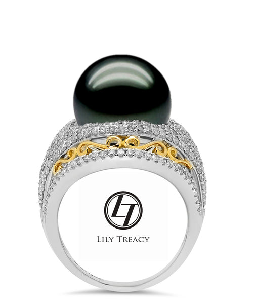 LILY TREACY 13-14MM TAHITIAN PEARL DIAMOND CLEO RING