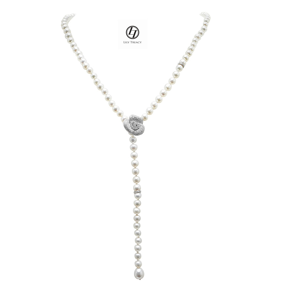 LilyTreacy Adjustable White Freshwater Pearl Necklace w/ CZ Rose Connector 30