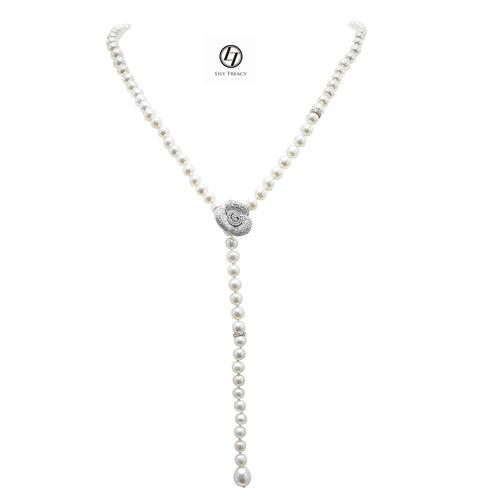 LilyTreacy Adjustable White Freshwater Pearl Necklace w/ CZ Rose Connector 30"