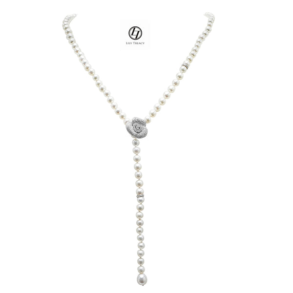 LilyTreacy Adjustable White Freshwater Pearl Necklace w/ CZ Rose Connector 30"