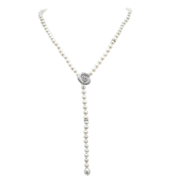 LilyTreacy Adjustable White Freshwater Pearl Necklace w/ CZ Rose Connector 30"