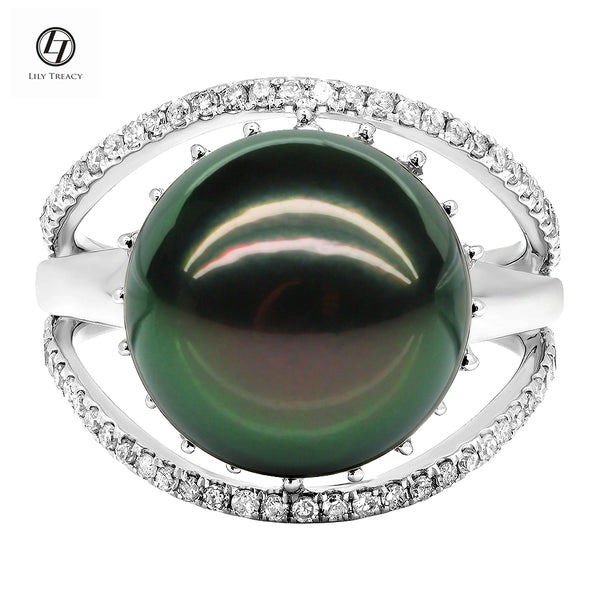 LILY TREACY 13-14MM TAHITIAN PEARL DIAMOND LILLIAN RING