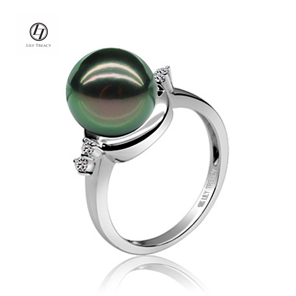 Lily Treacy 10-11mm Tahitian black Pearl Diamond 14K white gold ring sz 7