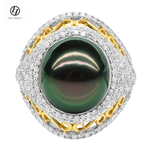 LILY TREACY 13-14MM TAHITIAN PEARL DIAMOND CLEO RING