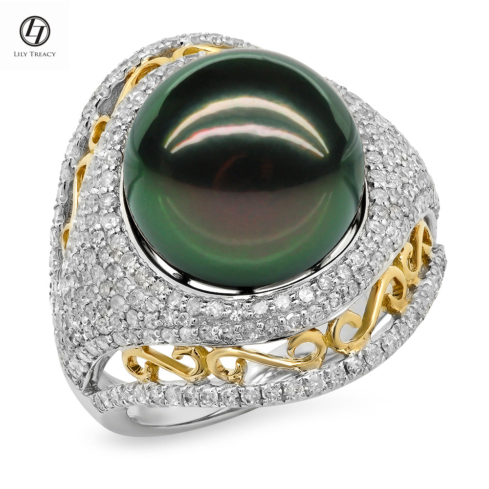 LILY TREACY 13-14MM TAHITIAN PEARL DIAMOND CLEO RING