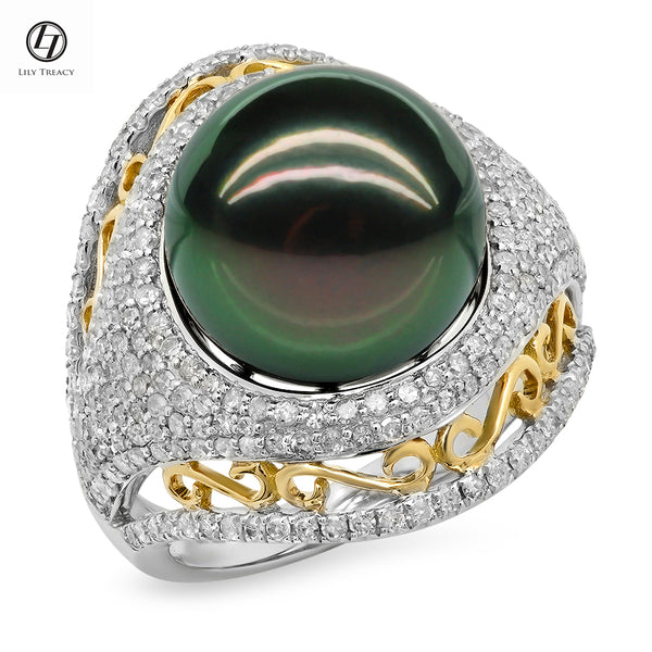 LILY TREACY 13-14MM TAHITIAN PEARL DIAMOND CLEO RING