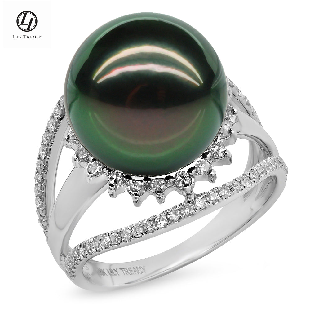 LILY TREACY 13-14MM TAHITIAN PEARL DIAMOND LILLIAN RING