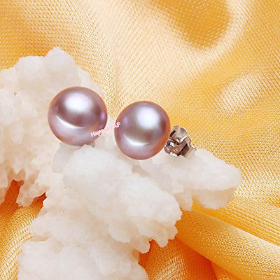 9-10mm Genuine purple Freshwater Pearl Stud Earring w/ Sterling Silver Back gift