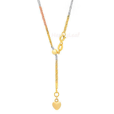 Solid 18K Tri color Yellow,White & Rose Gold 3 tone Diamond-cut chunky Adjustable Wheat Chain 20