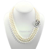 7-8mm white Freshwater Pearl 3 Row Necklace with Mother of Pearl Flower Clasp