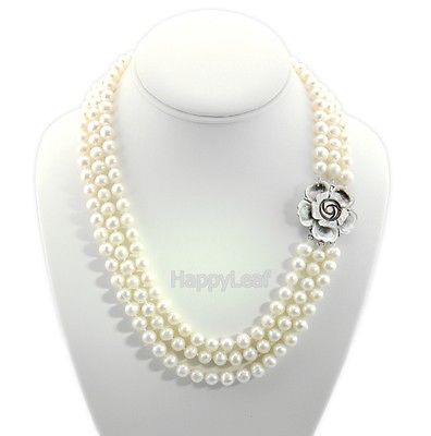 7-8mm white Freshwater Pearl 3 Row Necklace with Mother of Pearl Flower Clasp
