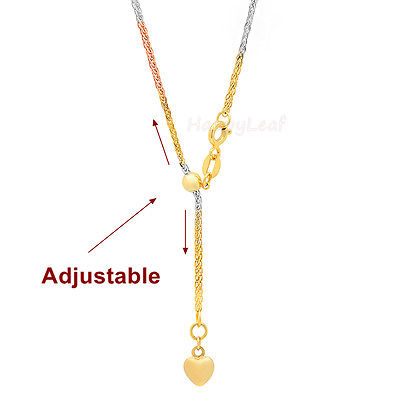 Solid 18K Tri color Yellow,White & Rose Gold 3 tone Diamond-cut chunky Adjustable Wheat Chain 20"