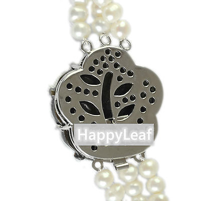 7-8mm white Freshwater Pearl 3 Row Necklace with Mother of Pearl Flower Clasp