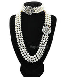 7-8mm white Freshwater Pearl 3 Row Necklace with Mother of Pearl Flower Clasp