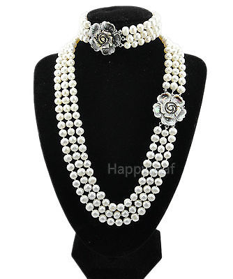 7-8mm white Freshwater Pearl 3 Row Necklace with Mother of Pearl Flower Clasp