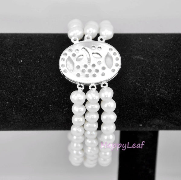 7-8mm Freshwater Pearl 3 Row Bracelet with Mother of Pearl Victorian Cameo