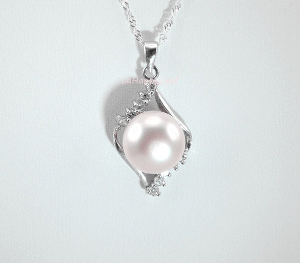 11mm white Freshwater Pearl Sterling Silver CZ Pendant Necklace Chain 18" Bridal
