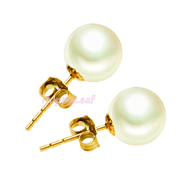 8-9mm Freshwater Pearl 18K Solid Gold Stud Earrings White Perfect Round