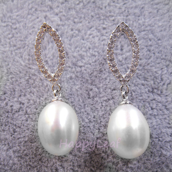 11-12mm Freshwater pearl dangle drop Earrings Sterling Silver CZ bridal white