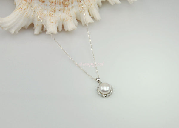 10-11mm white Freshwater Pearl Sterling Silver Russian CZ Pendant Necklace 18"