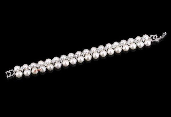 LilyTreacy Pearl Bracelet double row Quality 8mm Shell Pearl & Top CZ white 7.5"
