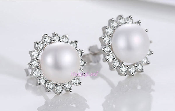 Stunning white Freshwater pearl Stud Earrings Sterling Silver CZHalo Gift bridal