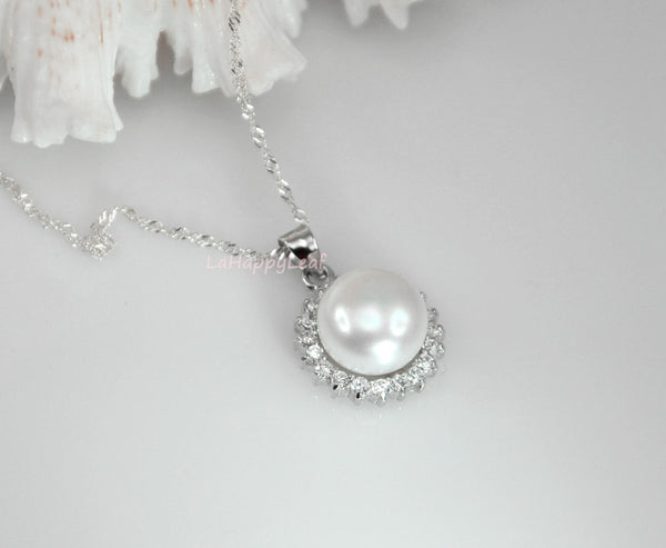10-11mm white Freshwater Pearl Sterling Silver Russian CZ Pendant Necklace 18"