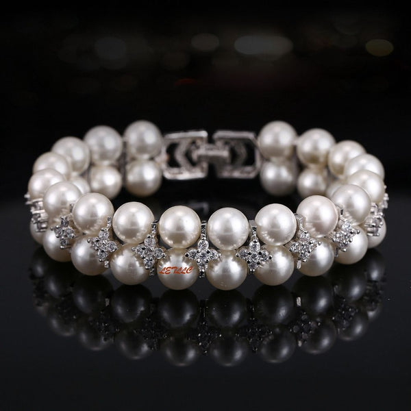 LilyTreacy Pearl Bracelet double row Quality 8mm Shell Pearl & Top CZ white 7.5"