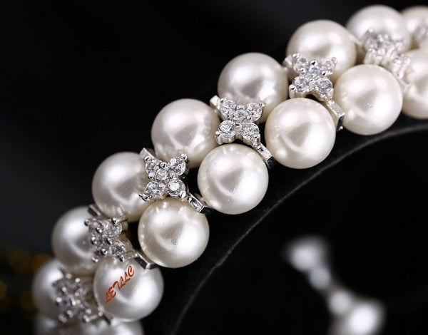 LilyTreacy Pearl Bracelet double row Quality 8mm Shell Pearl & Top CZ white 7.5"