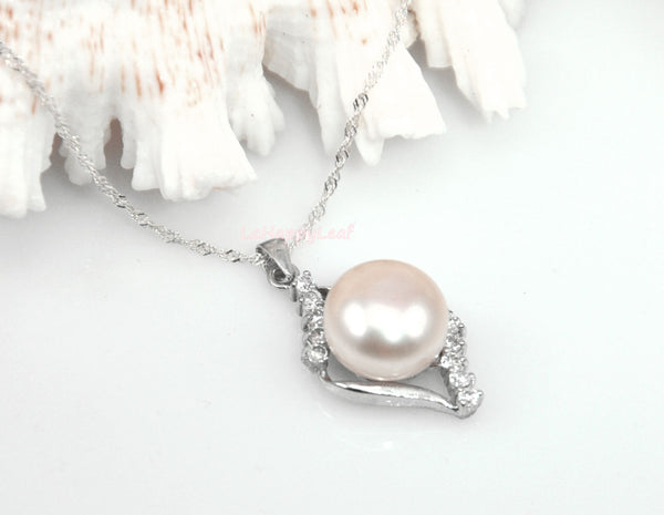 11mm white Freshwater Pearl Sterling Silver CZ Pendant Necklace Chain 18" Bridal