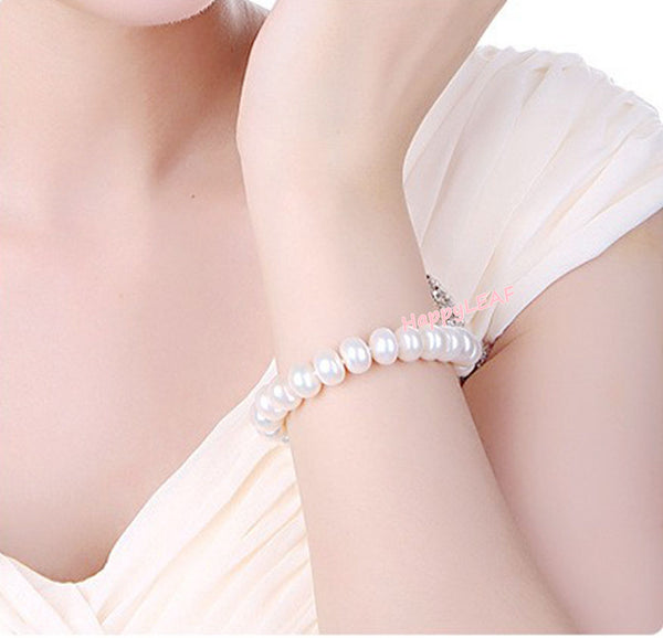9-10mm Freshwater Pearl Bracelet 925 Sterling Silver Clasp 8.5" Bridal Wedding Gift