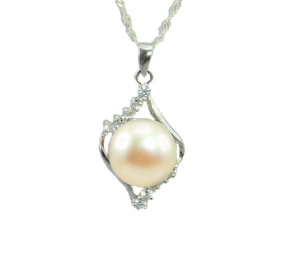 11mm white Freshwater Pearl Sterling Silver CZ Pendant Necklace Chain 18" Bridal