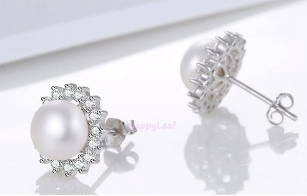 Stunning white Freshwater pearl Stud Earrings Sterling Silver CZHalo Gift bridal