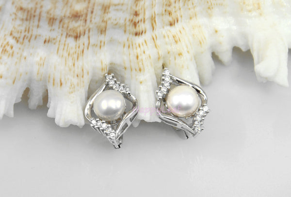 11mm white Freshwater Pearl Sterling Silver CZ Pendant Necklace Chain 18" Bridal