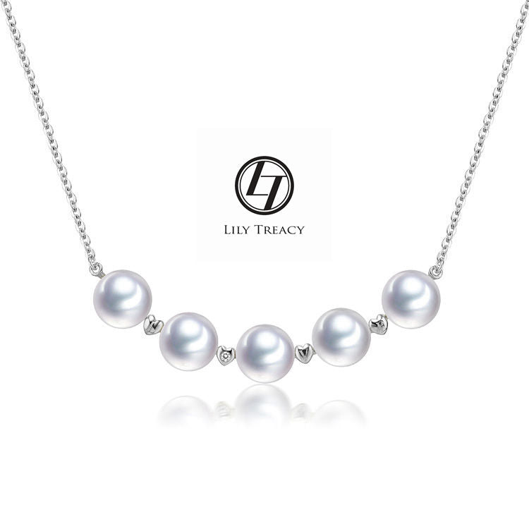 LilyTreacy Akoya Pearls White Gold diamond Station Necklace 18