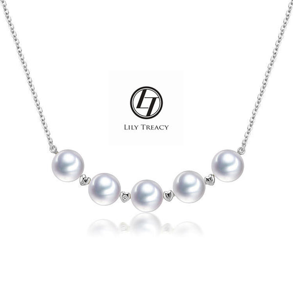 LilyTreacy Akoya Pearls White Gold diamond Station Necklace 18" with extension up to 20"