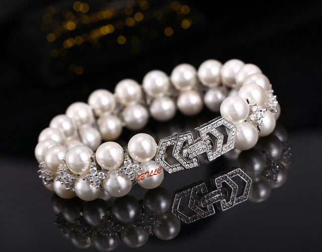 LilyTreacy Pearl Bracelet double row Quality 8mm Shell Pearl & Top CZ white 7.5"