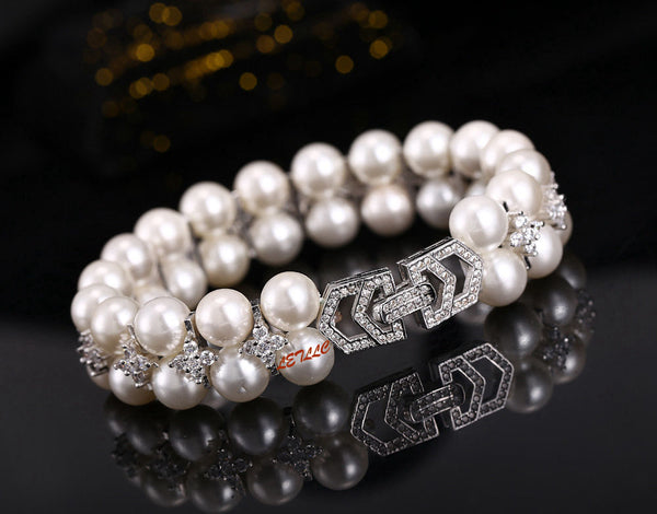 LilyTreacy Pearl Bracelet double row Quality 8mm Shell Pearl & Top CZ white 7.5"